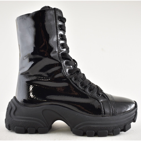 Miu Miu Naplak Tech Black Patent Leather Platform Lace Up Combat Moto Boot 36.5 - Picture 2 of 15